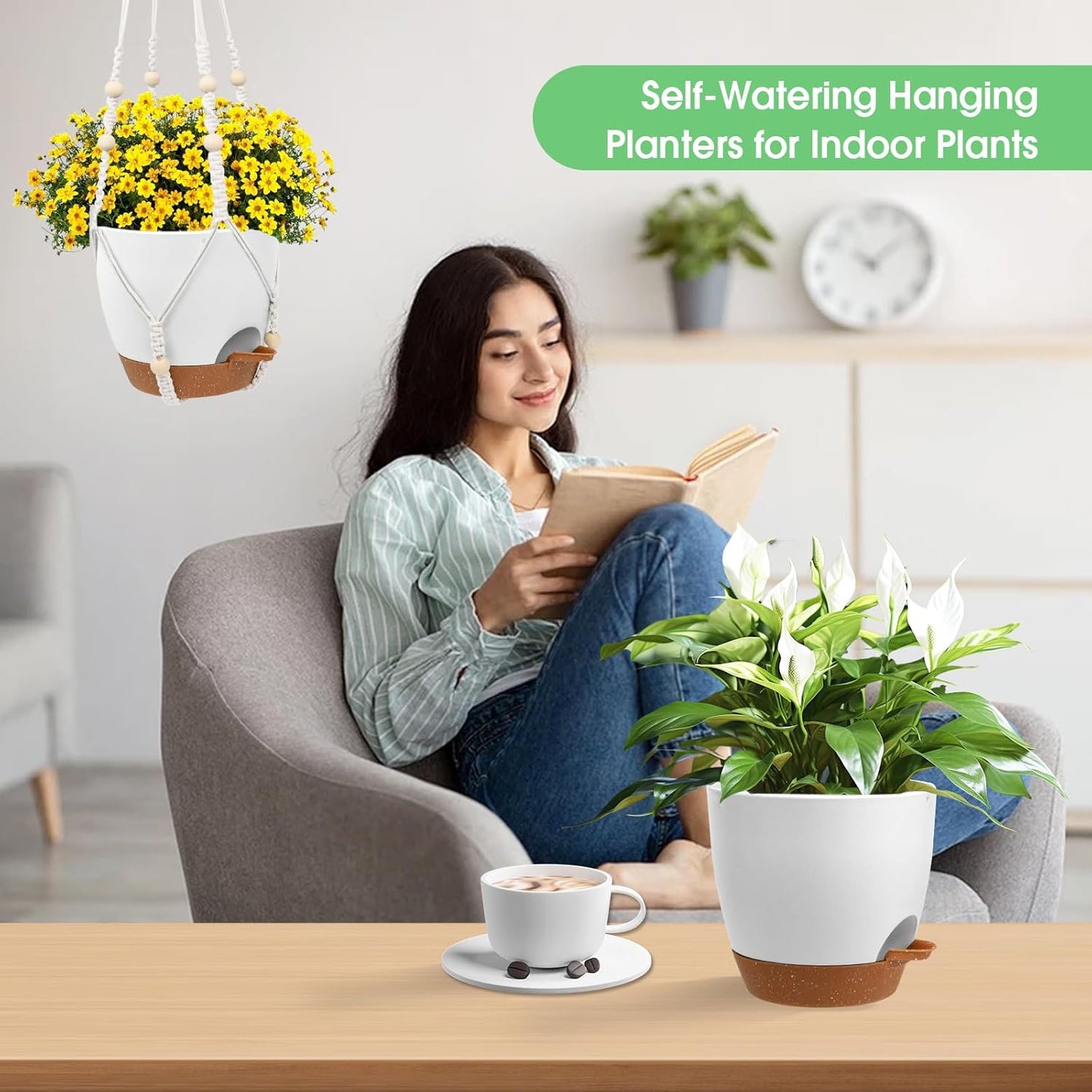 Hanging Planters for Indoor Outdoor Plants, 2 Pack Self Watering Hanging Pots, Hanging Plant Baskets with Drainage Holes & 2 Types of Plant Hangers (White, 6'')