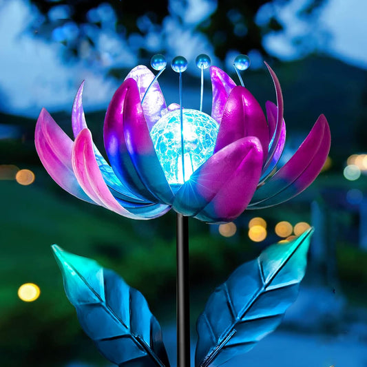 Solar Purple Metal Flower Wind Spinners, Colorful Spinning Windmill Lotus Yard Art Lights Wind Pinwheels with LED Crystal Ball Decorative Stake Lighting Flower Sculpture
