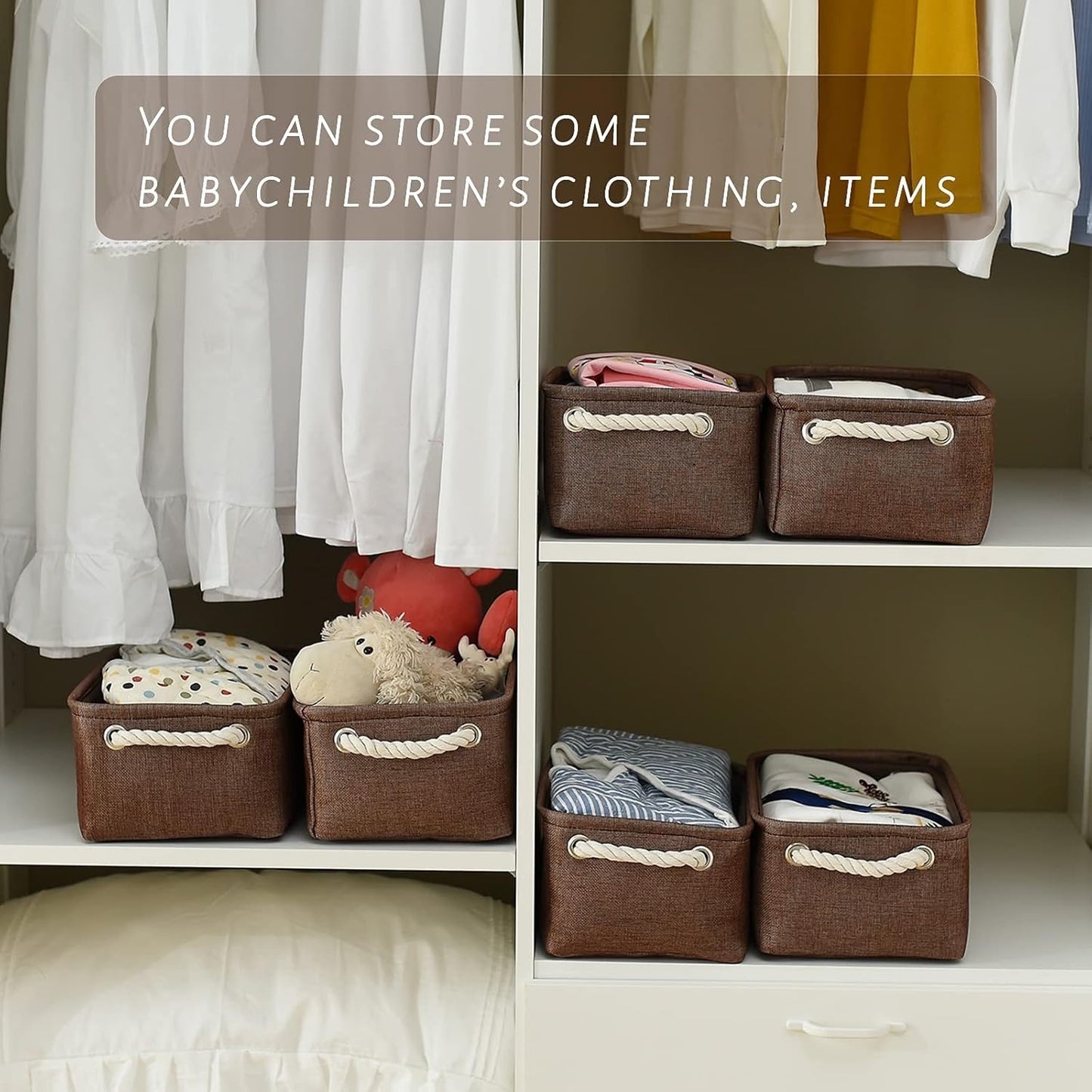 TheWarmHome Storage Basket for Organizing - 12x8x5 inch Small 6 Pack Collapsible Storage Bin for Shelves with Handles, Canves Storage Box for Cloth Closet Organizer Gift Toy (Brown)