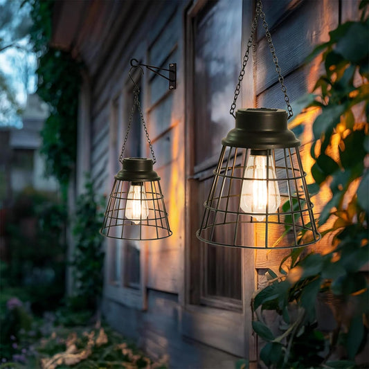 2 Pack Solar Lanterns Outdoor Waterproof , Metal Cage Design with Replaceable LED Bulb, Waterproof Vintage Decorative Light for Patio, Garden, and Yard (5.9" x 6.1", Black)