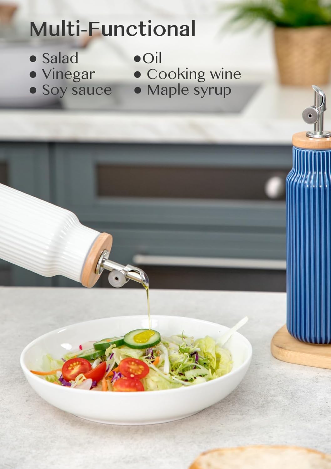 Nucookery Ceramic Olive Oil Dispenser Bottle for Kitchen, 14 oz Opaque Vinegar Dispenser Bottle, Large Capacity Cooking Oil Container for Storage Vinegar, Soy Sauce, Coffee Syrup, White