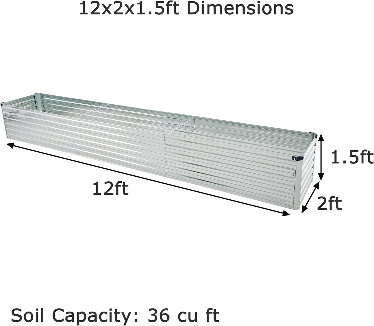 12x2x1.5ft Galvanized Raised Garden Bed,Outdoor Planter Box Metal Patio Kit Planting Bed for Vegetables Flowers Herb,Silver