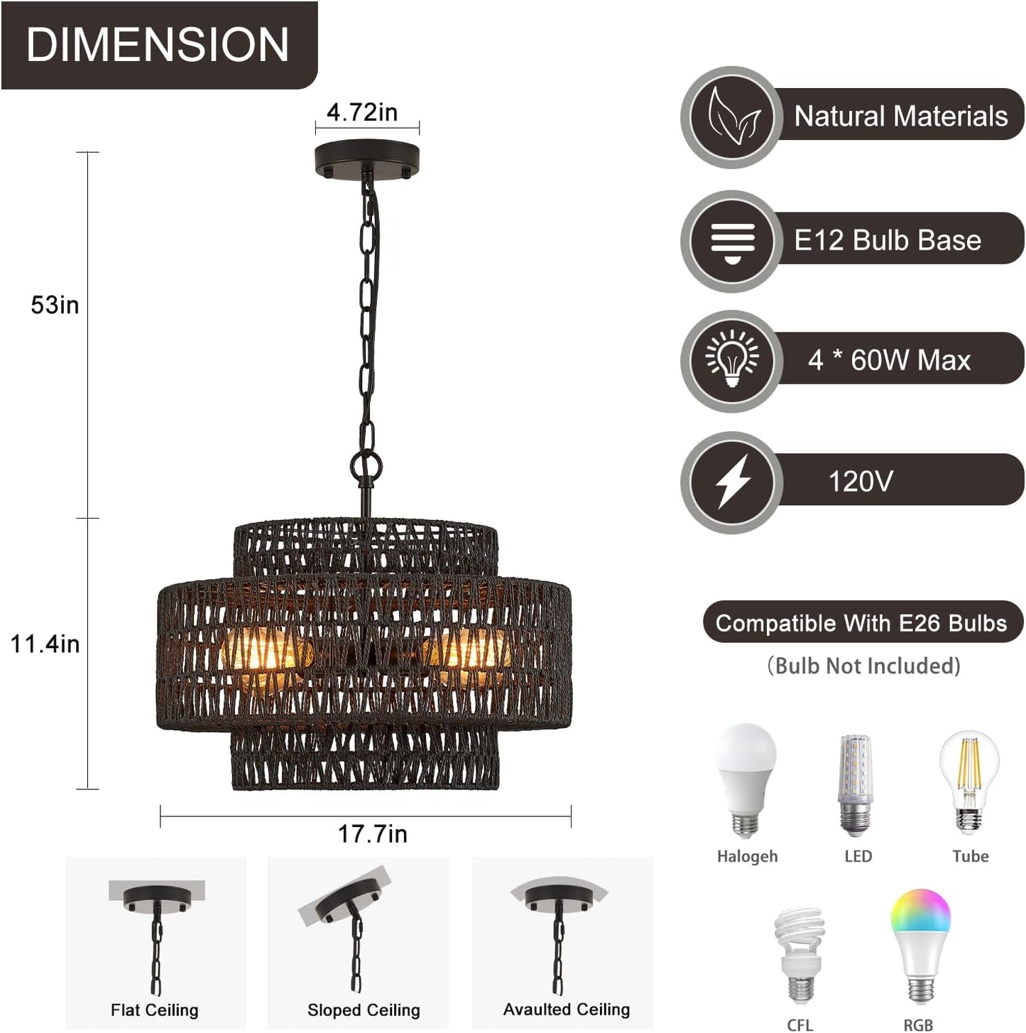 Hand-Woven Rattan Chandelier Vintage 4-Lights Farmhouse 17.7" Boho Bamboo Chandeliers Light Fixture Retro 3-Tier Drum Wicker Rattan Black Chandelier for Dining Room, Kitchen, Bedroom,Foyer