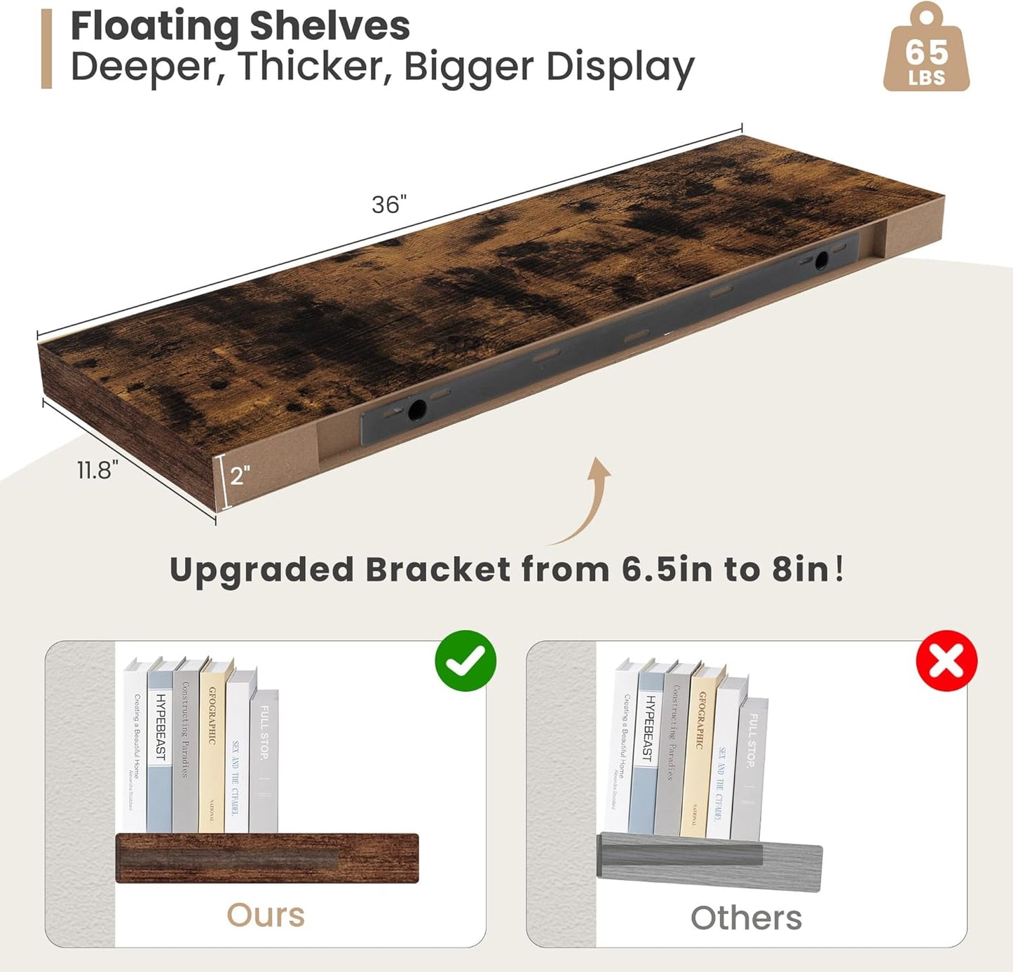 Heimlove 12" Deep Floating Shelves, 36 x 12 Inch Wall Mounted Long Floating Shelf with Invisible Brackets, for Home Decor, Bedroom, Kitchen, Living Room, Bathroom - 2 Pack, Rustic Brown