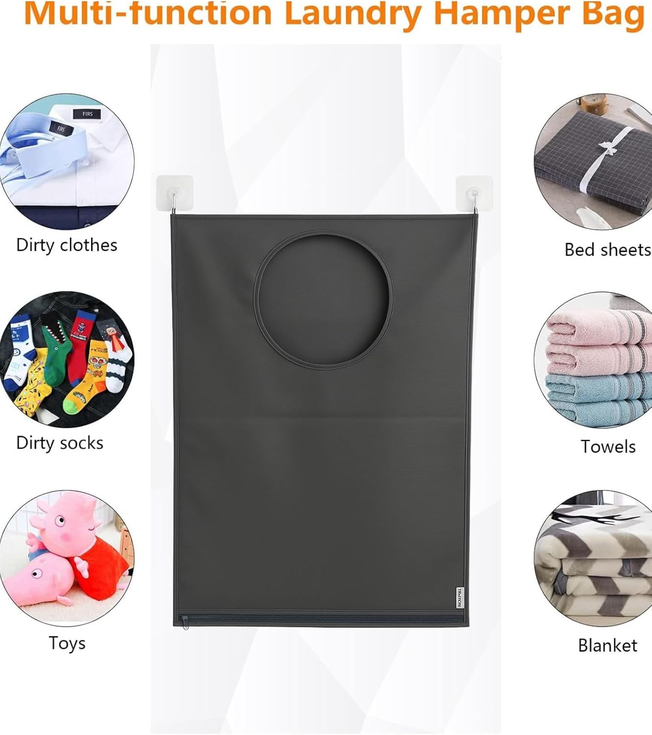 Hanging Laundry Hamper Bag – Space-Saving Dirty Clothes Storage with Free Adjustable Stainless Steel Over-the-Door Hooks & 2 Suction Cup Hooks – Ideal for bathrooms, bedrooms & dorms