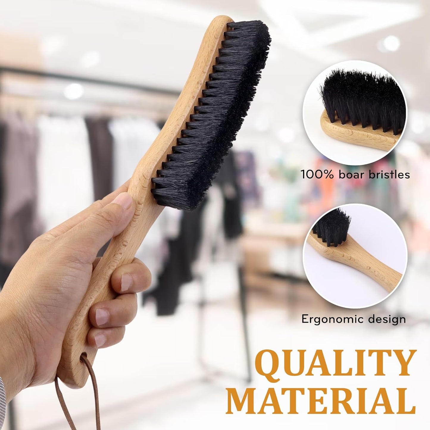 TAKAVU Clothes Brush Hat Brush, Black Boar Bristle Lint Brush with Large Beech Wood Handle - Perfect for Pet Hair, Suits, Velvet, Cashmere, Wool, Suede, Shoe - Effective Lint Remover