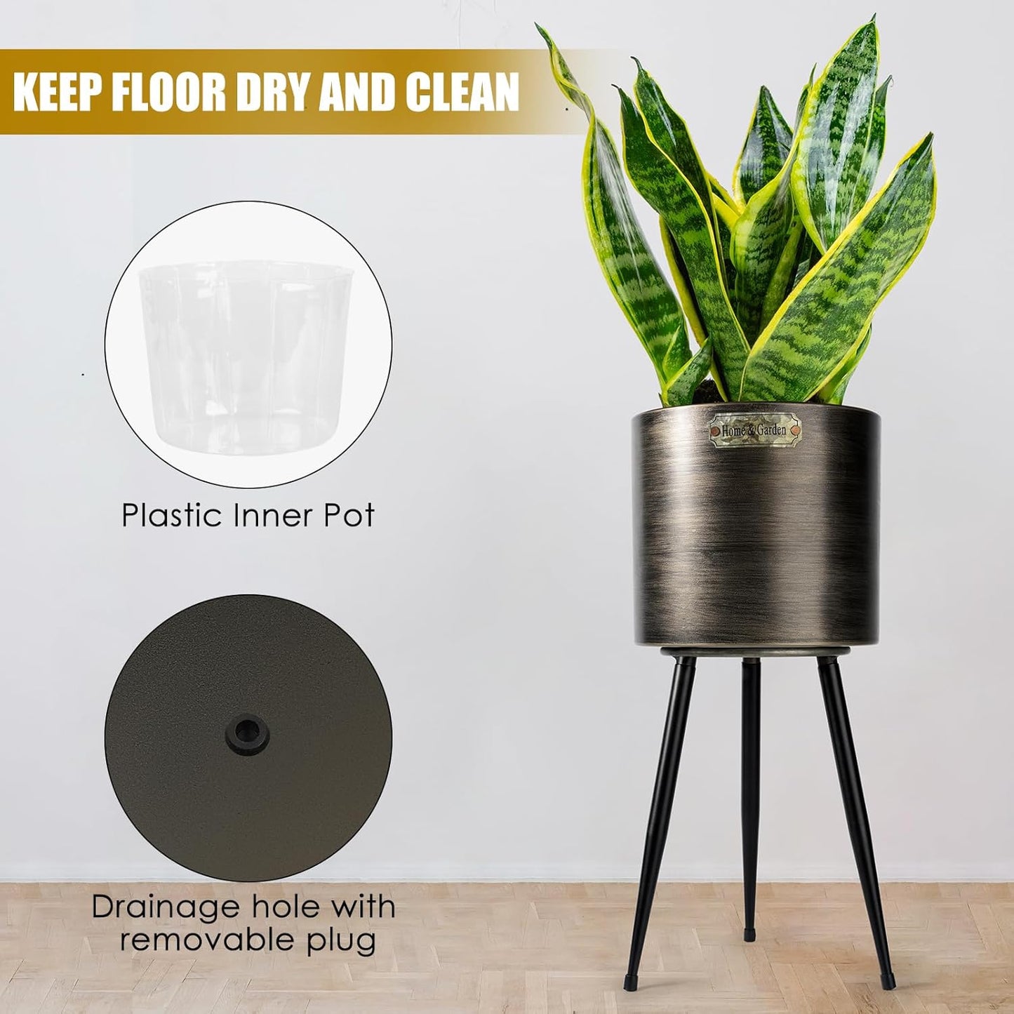 Harvest Land Plant Pots with Stand, Set of 2 Large Modern Planters Metal Tall Handmade Flower Pots with Drainage Holes Indoor Outdoor,Black