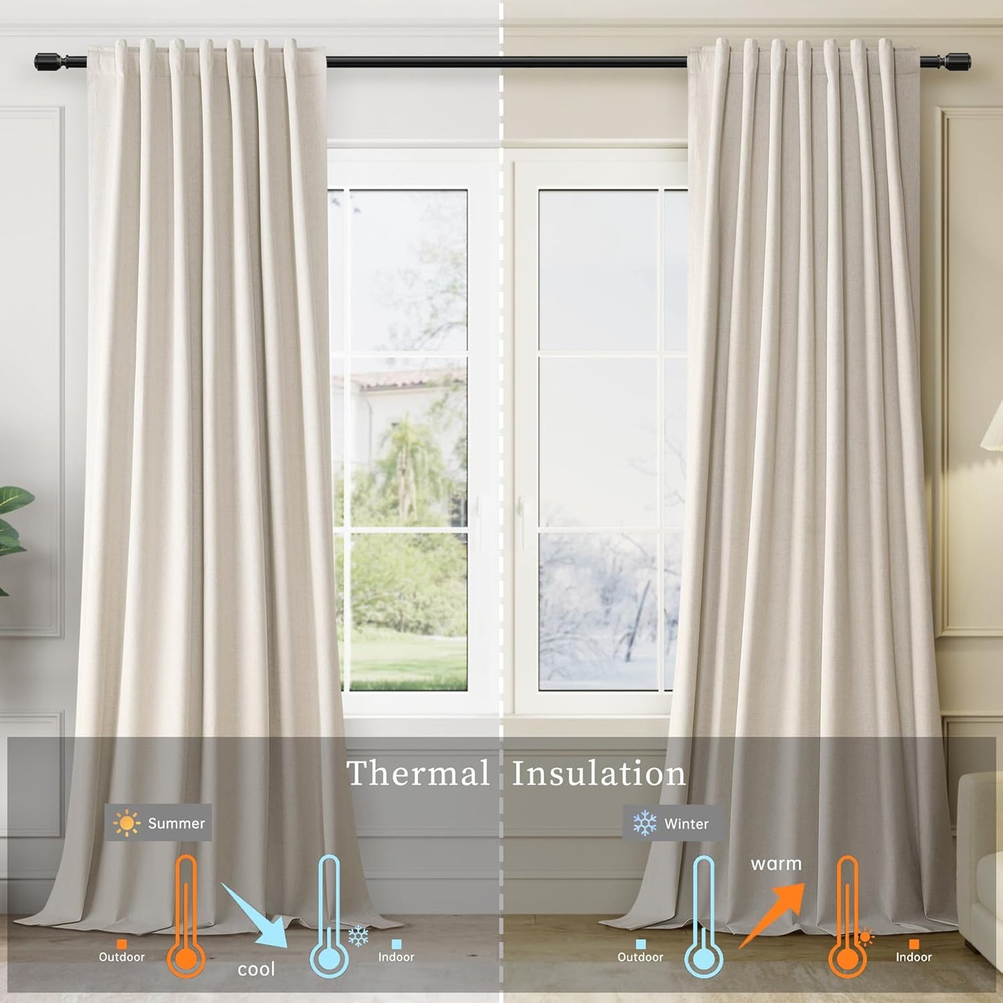 Greyish Beige Linen Black Out Curtains 80 Inch Long 2 Panels Set for Bedroom Light Blocking Curtains Greige with 100% Blackout Backing Light Taupe Thermal Insulated Room Darkening Curtain Drapes