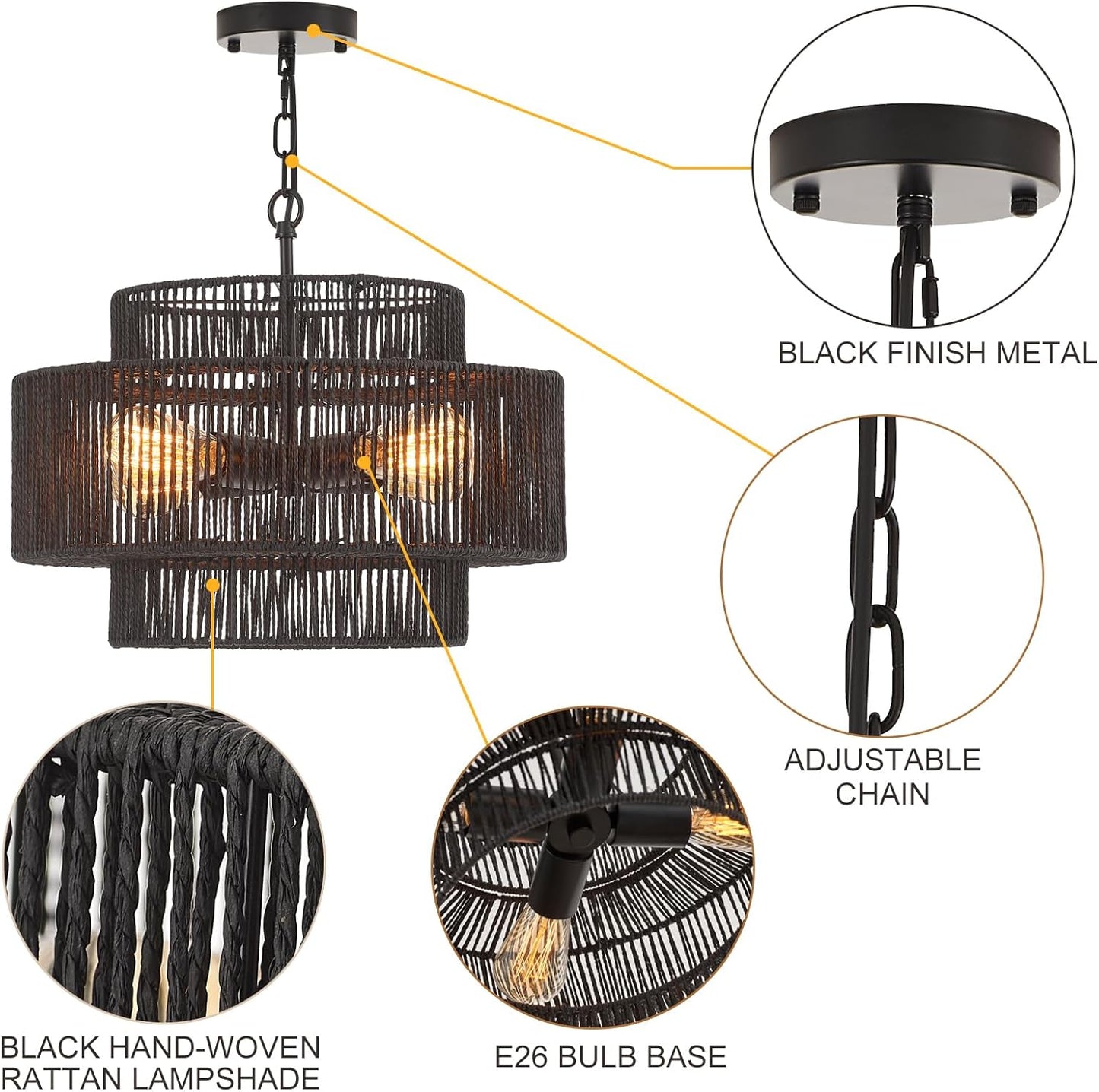 17.7" Rattan Chandelier Light Fixture Vintage 4-Lights Farmhouse Boho Hand-Woven Bamboo Chandelier Retro 3-Tier Drum Wicker Rattan Black Chandeliers for Dining Room, Kitchen, Bedroom,Foyer