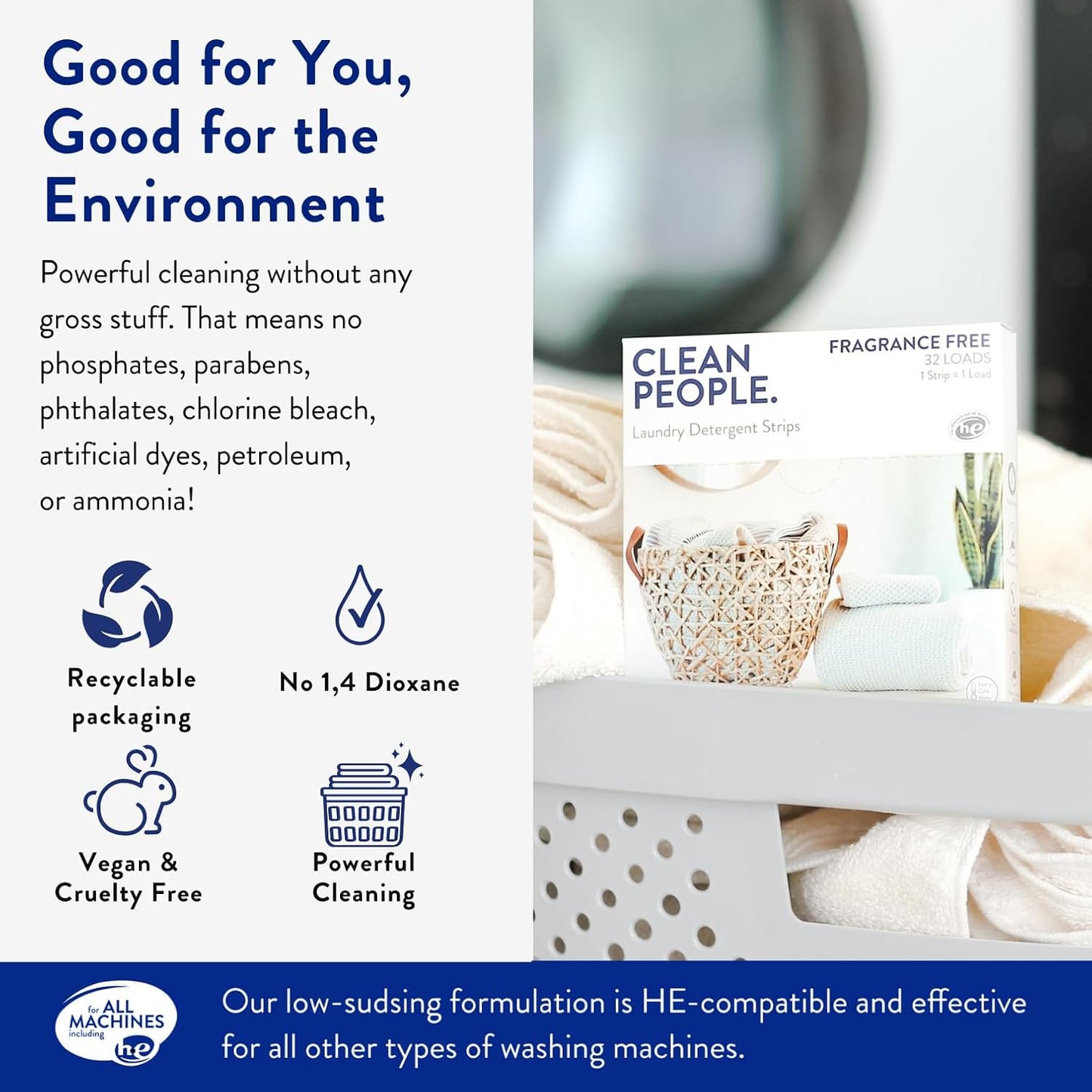 The Clean People Fragrance Free Laundry Detergent Sheets - Laundry Soap - Ultra Concentrated, Recyclable Packaging, Stain Fighting - Fragrance Free, 32 Pack