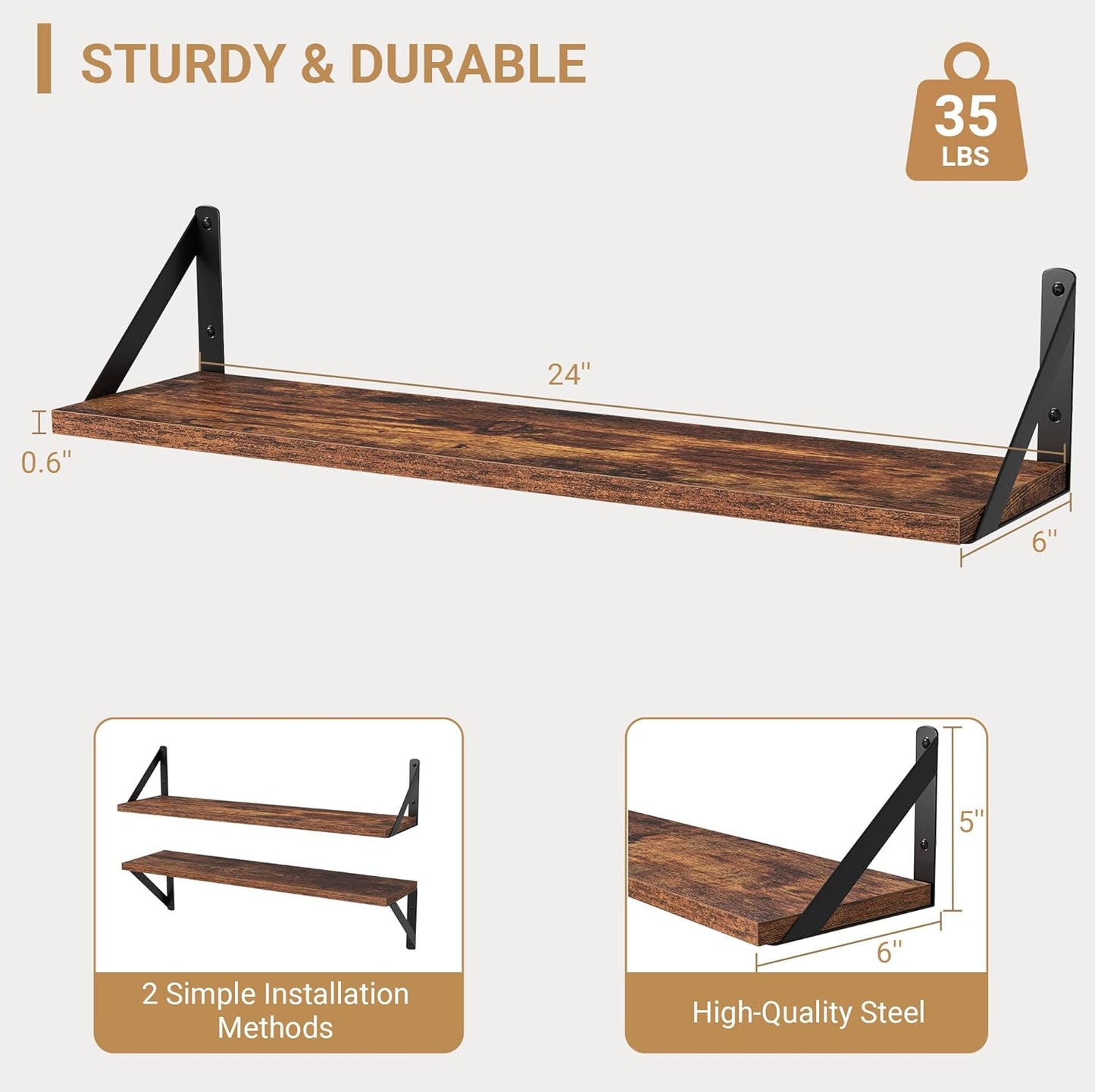 Heimlove Floating Shelves for Wall, 24 Inch Long Wood Floating Shelves Set of 3, Wall Mounted Hanging Shelf for Bathroom Bedroom Kitchen, Rustic Brown