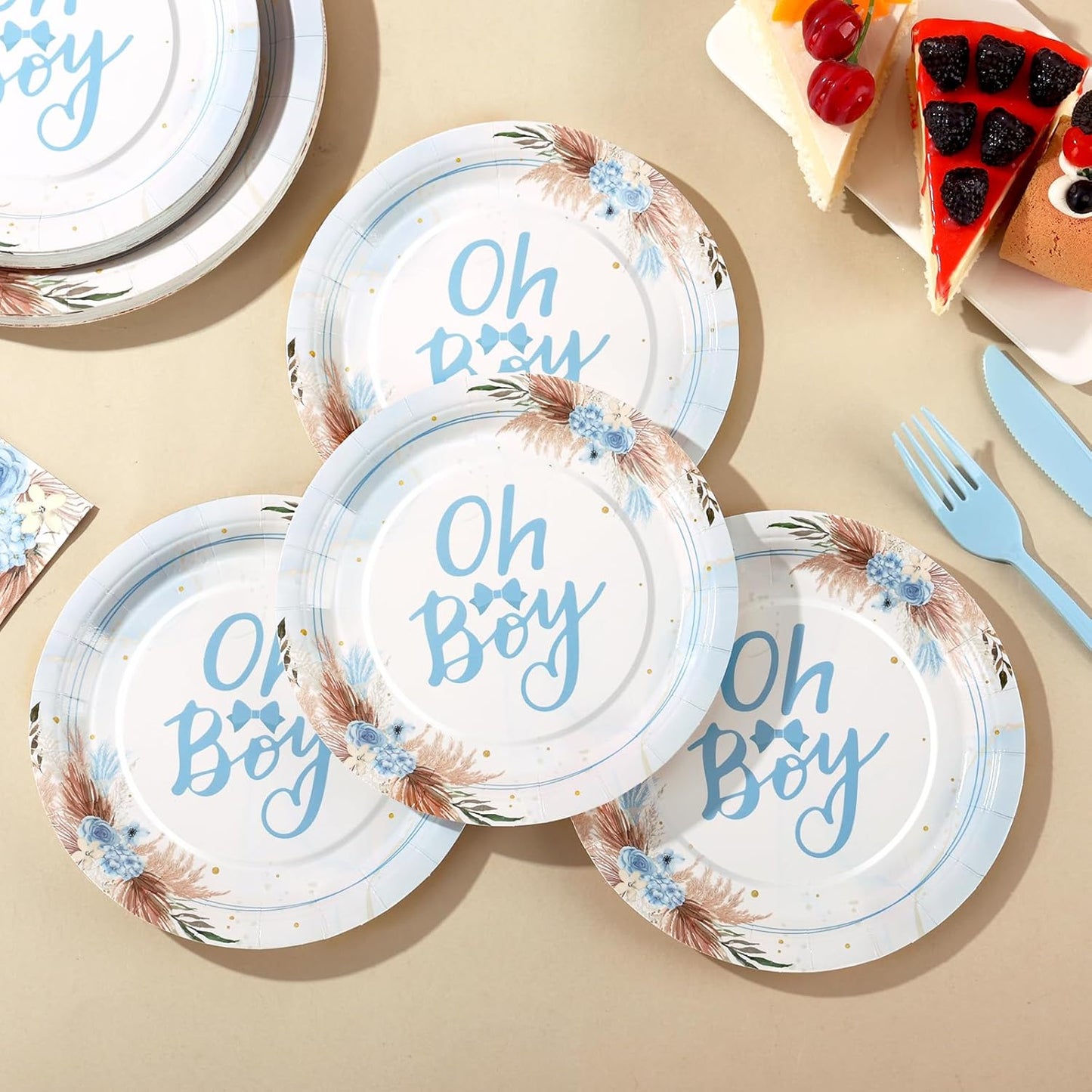 168 Pcs Baby Boy Shower Decorations, Its A Boy Baby Shower Decorations, Blue Baby Shower Plates and Cups and Napkins Sets Serves 24, Boho Fall Oh Baby