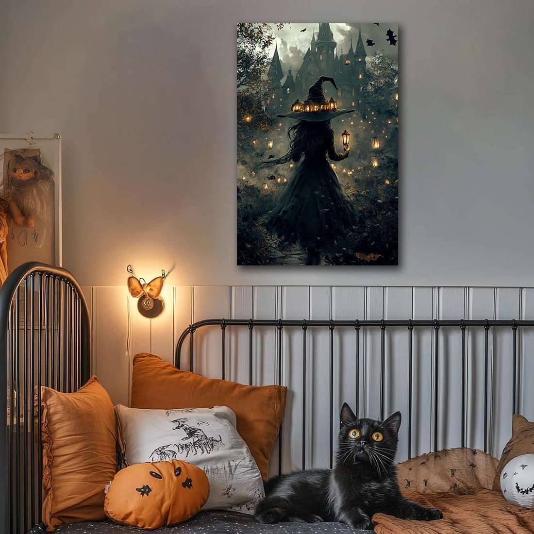 Halloween Witch and Haunted House Canvas Wall Art,Dark Academia Scary Witch Castle Posters Prints,Thriller Horror Gothic Wall Decor Pictures for Halloween Party House Decoration,8"x12" Framed