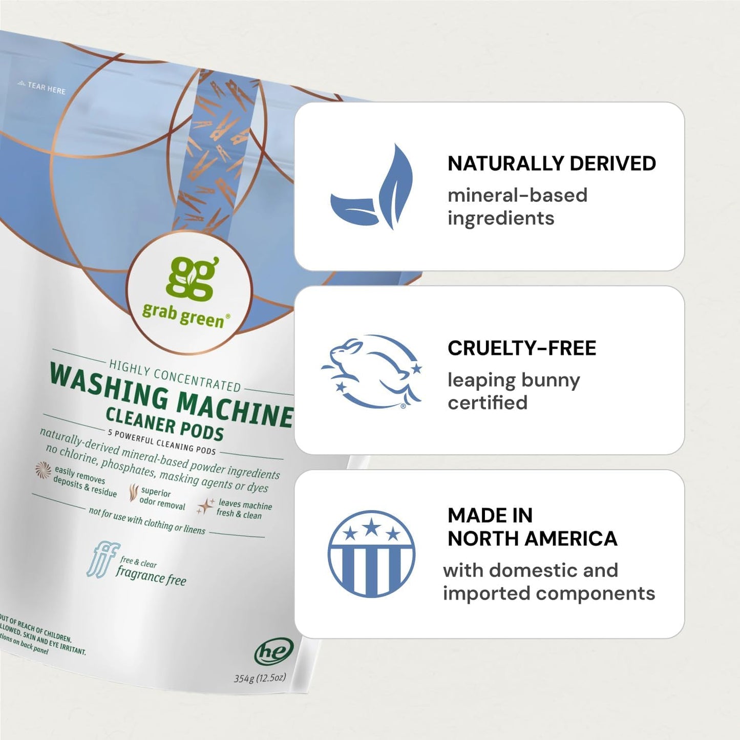 Grab Green Washing Machine Cleaner, 5 Count, Fragrance Free, Mineral Based Removes Deposits and Odors, Naturally Cleans