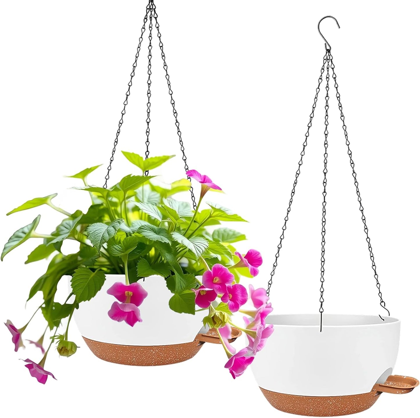 2 Pack Hanging Planters for Indoor Outdoor Plants, 12 Inch Self Watering Hanging Pot with Drainage Holes and Saucer, Plastic Plant Pots, White Brown Flower Pots for Kitchen, Balcony, Garden