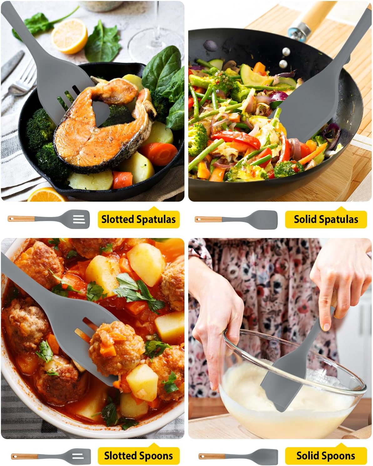 Pack of 4 Silicone Kitchen Utensils Set, Non Stick Solid Spatulas and Heat Resistant Slotted Spoons with Wooden Handle, Ideal BPA Free Cooking Utensils for Mixing,Serving,Turning,Stirring(GRAY)