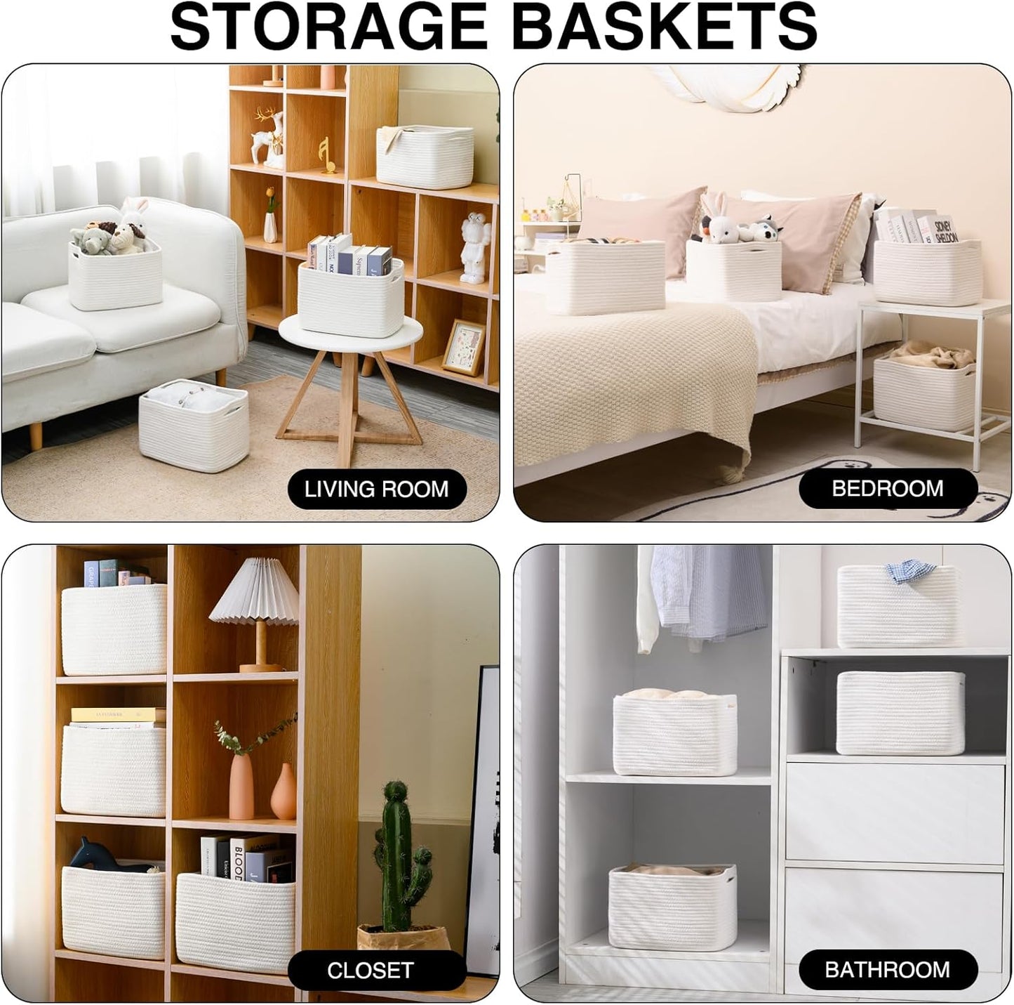 Storage Baskets for Organizing, Woven Basket for Storage, Storage Baskets Bin for Shelves, Cotton Rope Basket with Handles, 12.5"Lx9.1"Wx7.9"H, (4 Packs) Off White