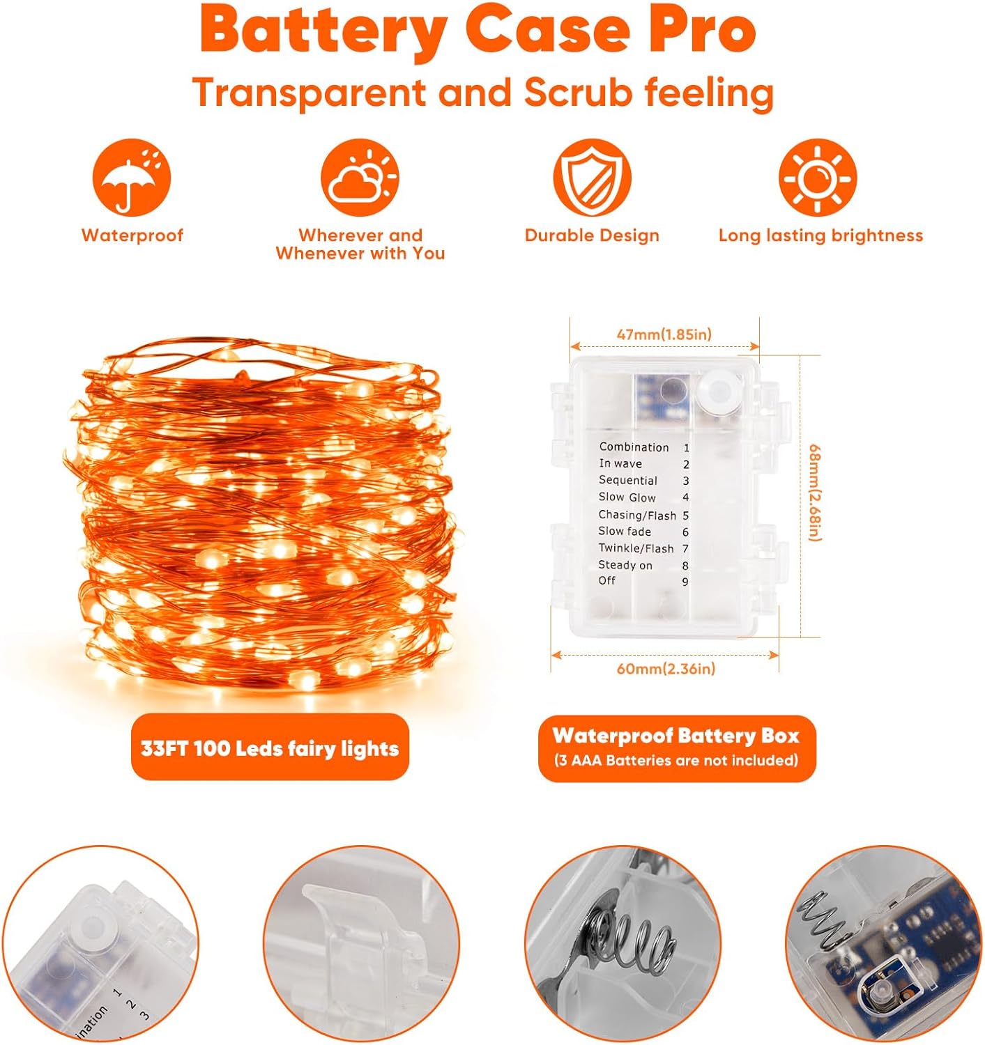 2 Pack 32.8 Ft. Battery Operated Outdoor String Lights with Remote & Timer, LED Orange Fairy Lights, Waterproof Twinkle Lights for Bedroom, Dorm, Mason Jar, Wedding, Party, Christmas