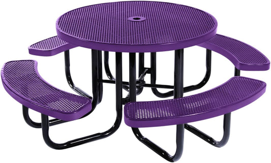 Heavy-Duty Portable Outdoor Picnic Table with Umbrella Hole, Punched Steel Commercial-Grade Patio Dining Furniture Made in America (46" Round Top, Purple)
