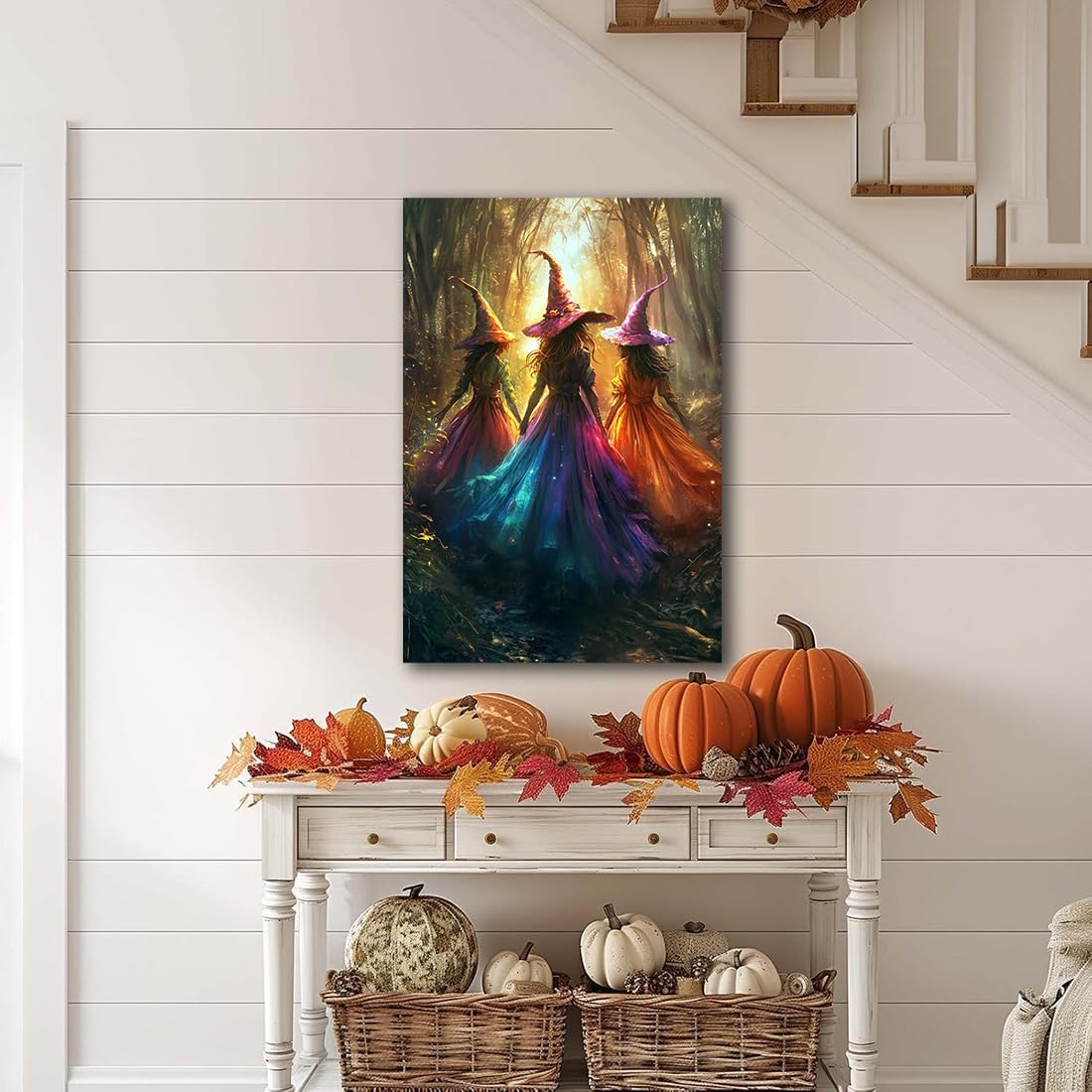 Halloween Room Decor Wall Art Colorful Witch Prints,Vintage Three Colorful Witches in Forest Halloween Posters,Fall Fantasy Aesthetic Pictures Playful Art Wall Decor for Bedroom,16"x24" Unframed