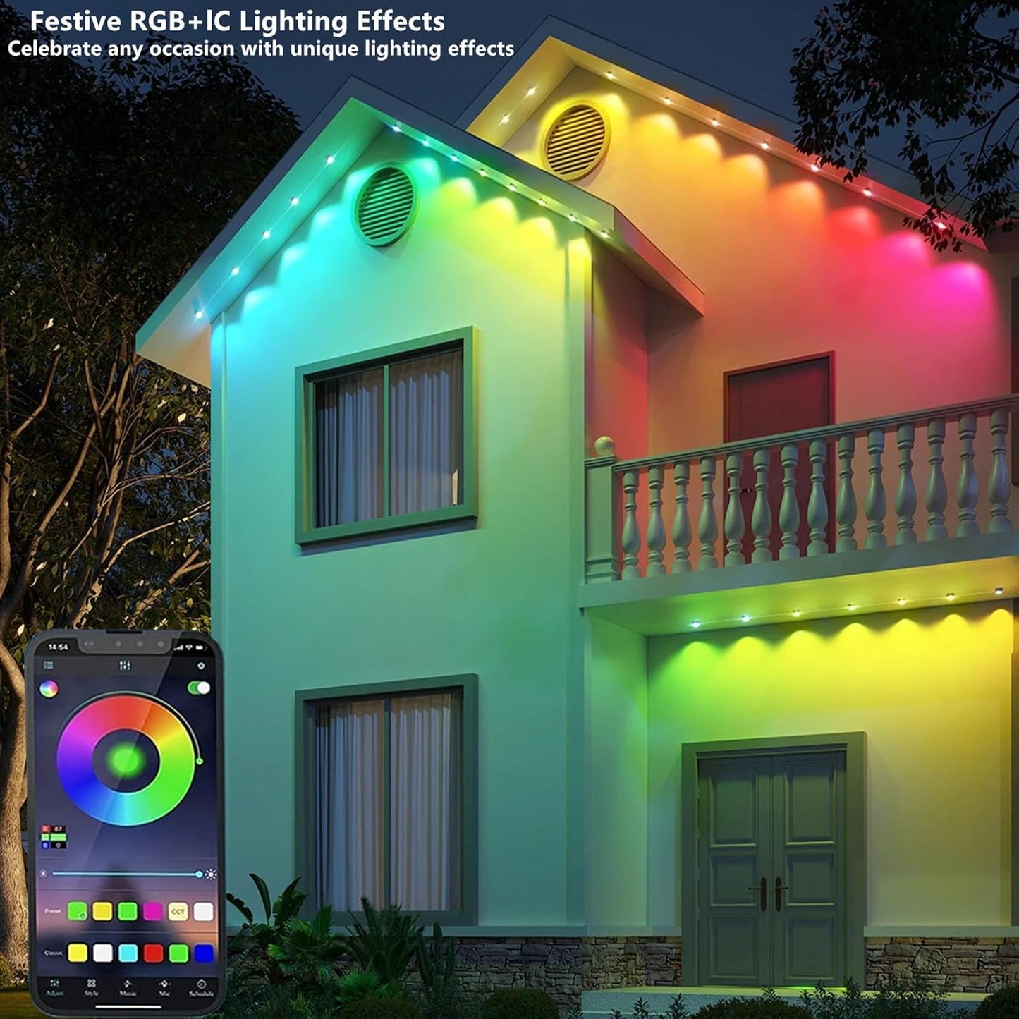 Permanent Outdoor Lights,200ft RGB + IC Smart LED Eaves Lights with App & Remote Control, IP67 Waterproof,for Christmas and All Holiday Decor,Daily and Accent Lighting,House Roof and Garden Lighting