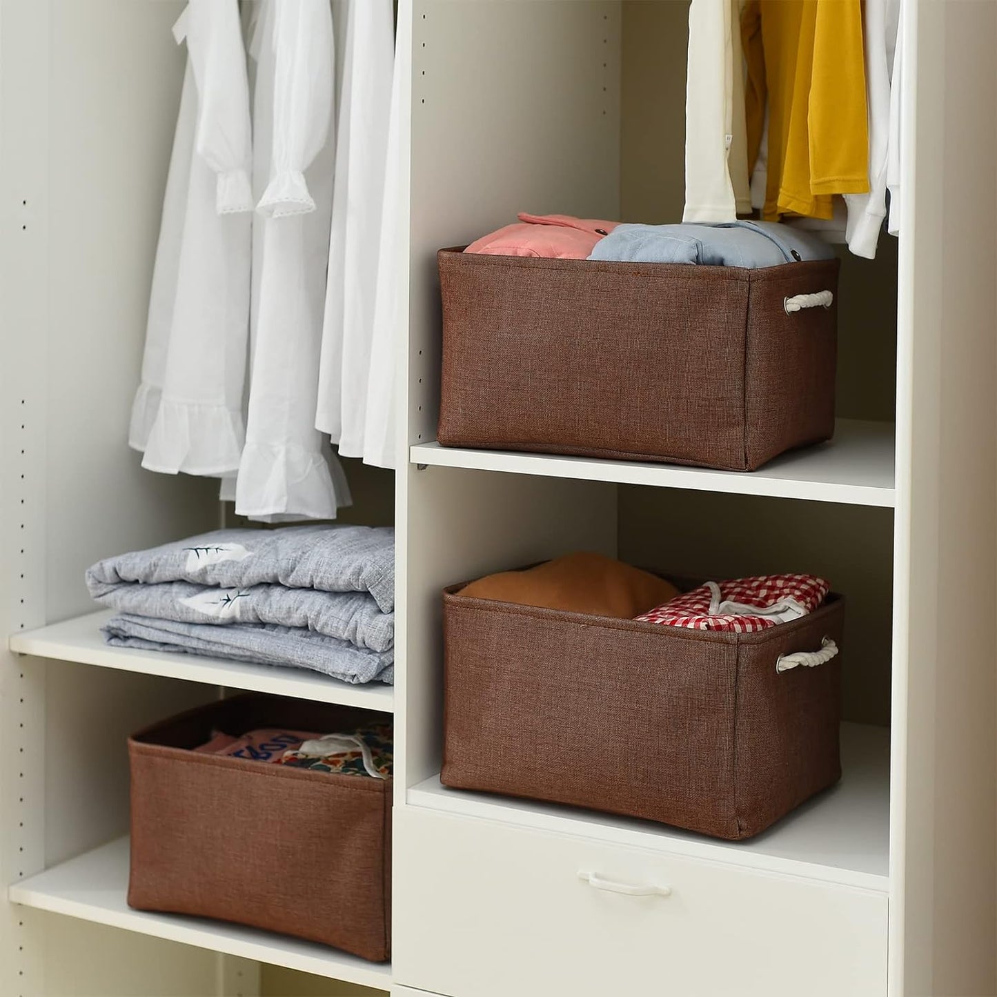 TheWarmHome Decorative Basket Rectangular Fabric Storage Bin Organizer Basket with Handles for Clothes Storage (Brown,Large-3Pack,15.7L*11.8W*8.3H)