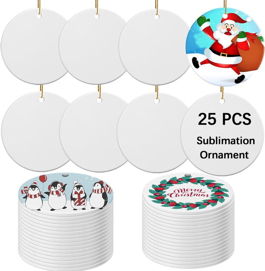 25 PCS Ceramic Sublimation Ornament Blanks Bulk 3 Inch White Round Crafts DIY Personalized Printed Christmas Home Porcelain Paintable Decorate