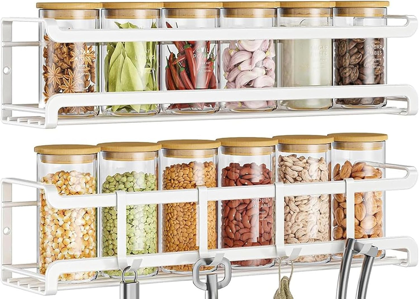 Spice Rack wall mounted 2 Pack, Space-Saving Spice Organizer for Spice Jars and Seasonings,Screw or Adhesive Hanging Spice Rack Organizer for Your Kitchen Cabinet,or Pantry Door,White