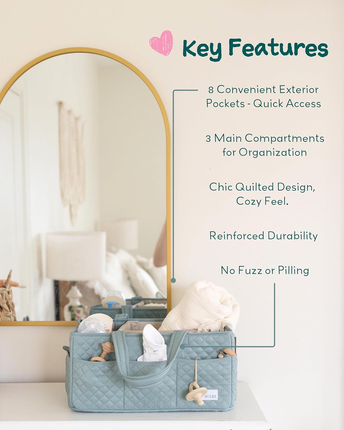 Lily Miles Baby Diaper Caddy Organizer, Quilted Nursery Storage Basket for Newborn Essentials and Diaper Changing Station, Gift for Baby Shower and Registry Must-Have (Willow Green)