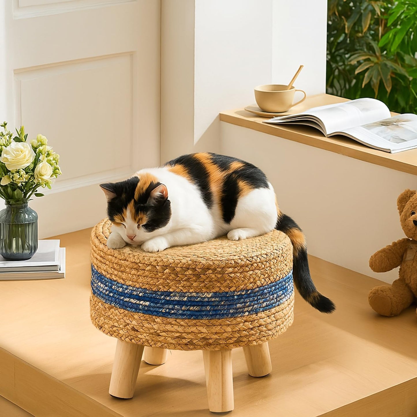 Handwoven Round Ottoman, Natural Water Hyacinth Outdoor Patio Pouf Seagrass Low Stool with Wood Legs, Soft Padded Footrest for Living Room Bedroom Garden, Blue