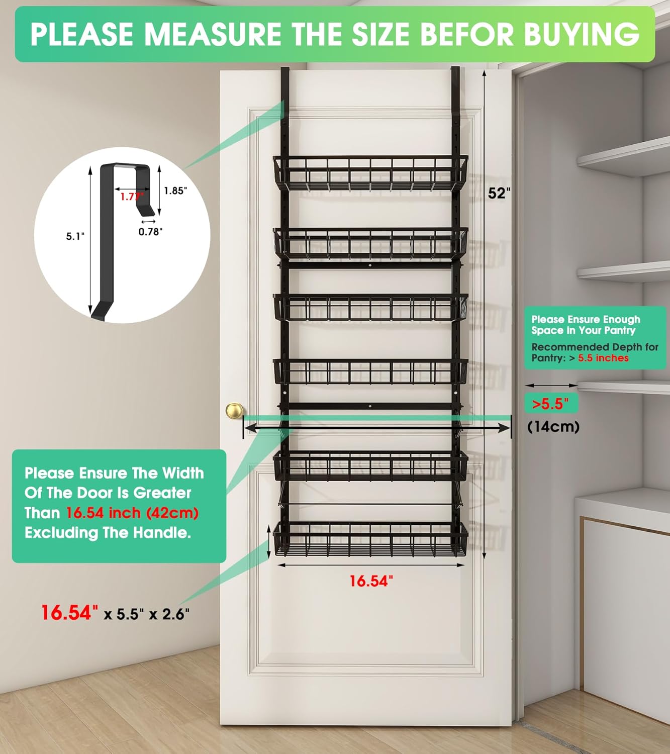 Over The Door Pantry Organizer, Pantry Storage and Organization, 6-Tier Adjustable Hanging Baskets, Metal Wall Mount Spice Rack Seasoning Shelves for Home & Kitchen, Laundry Bathroom - Black