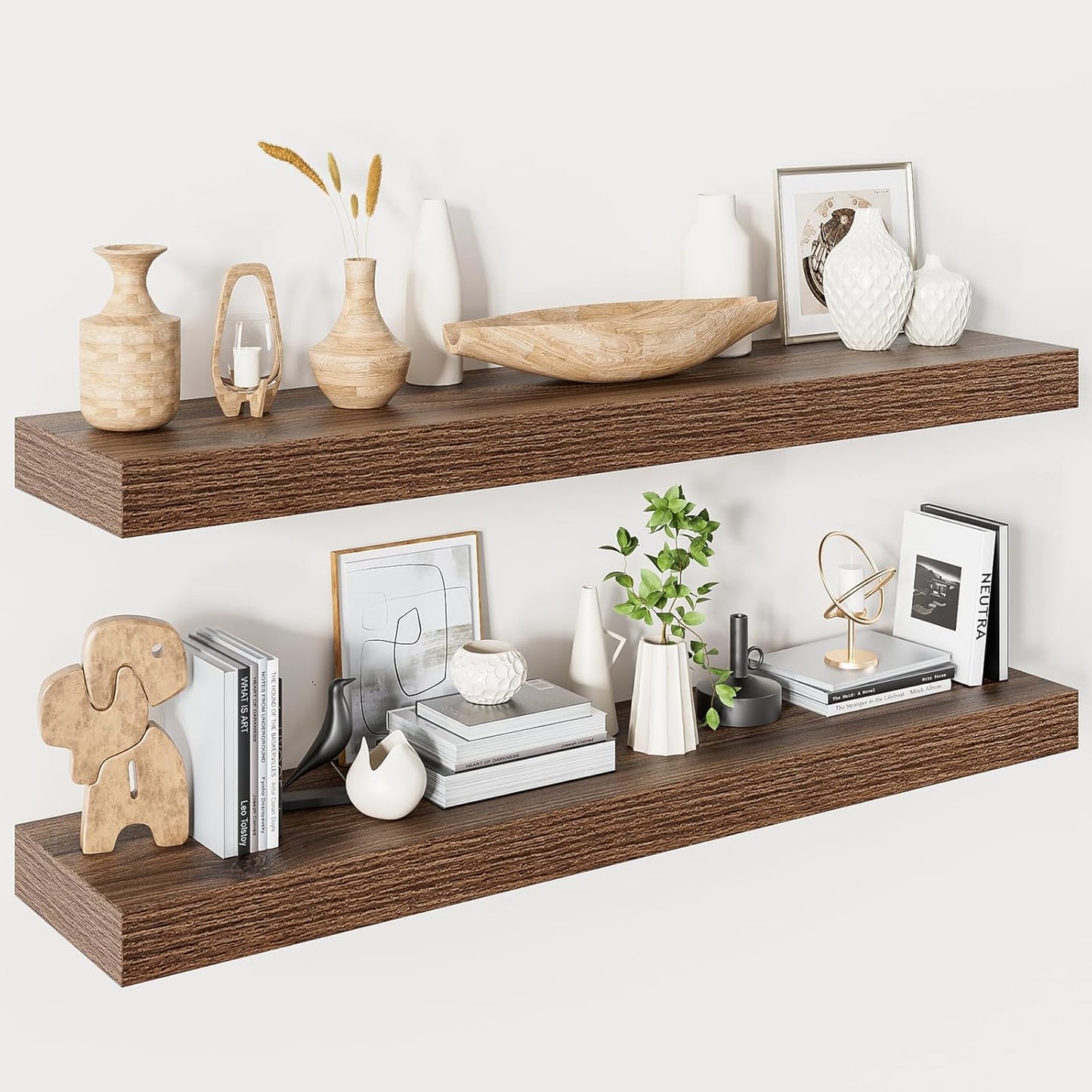 Heimlove 40 Inches Floating Shelves for Wall,9.3" Deep Walnut Long Floating Shelves Set of 2,Large Display Shelf & Storage Shelf,Wall Shelf for Bathroom Bedroom Living Room Kitchen Office