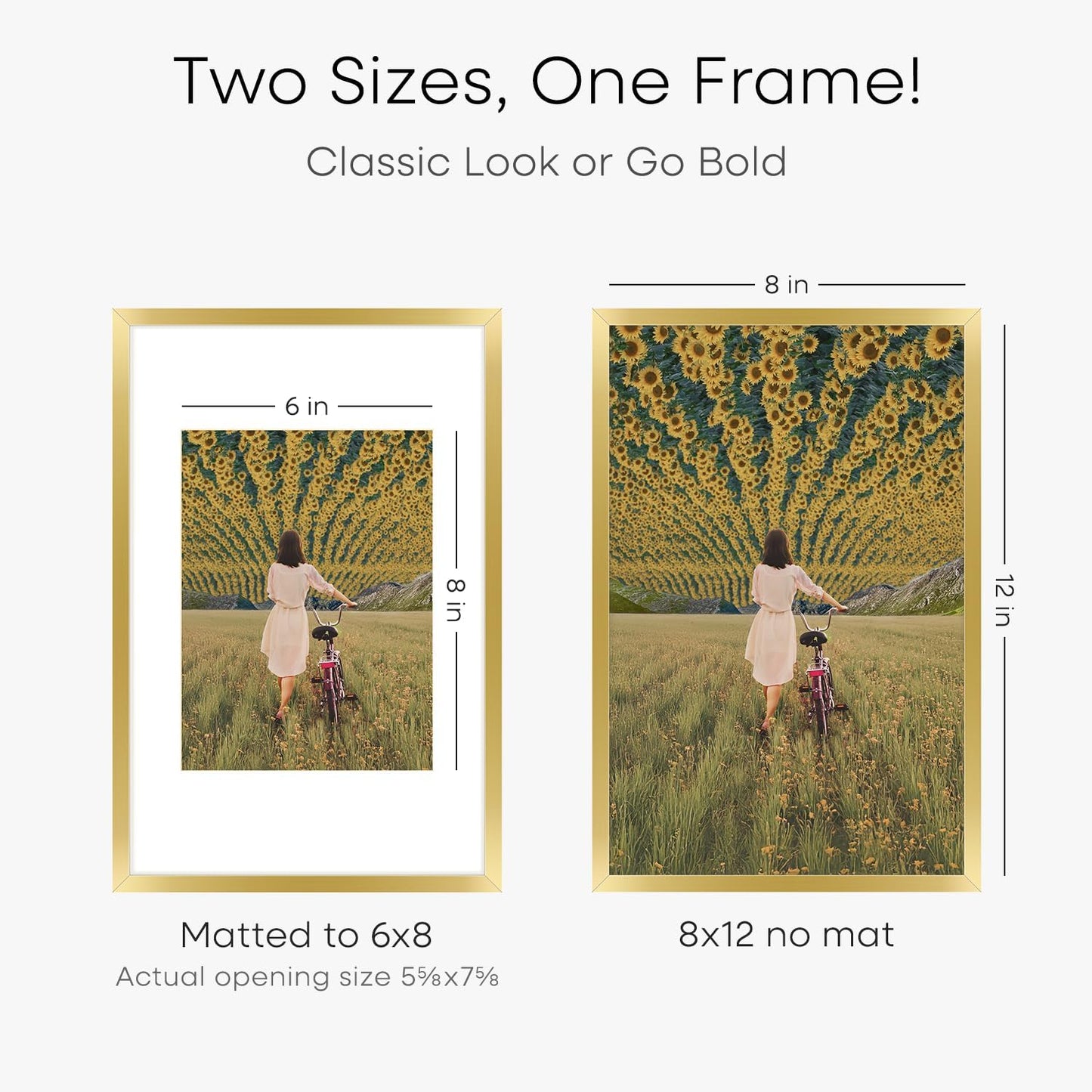 Homeforia 8x12 Picture Frame Gold, High End Metal 8 x 12 Poster Frames with Mat 6 by 8 for Photo, 12x8 Frame Matted to 6x8 inch Print, 8by12 Wall or Tabletop Frames, Tempered Glass, Wall Kit, Set of 1