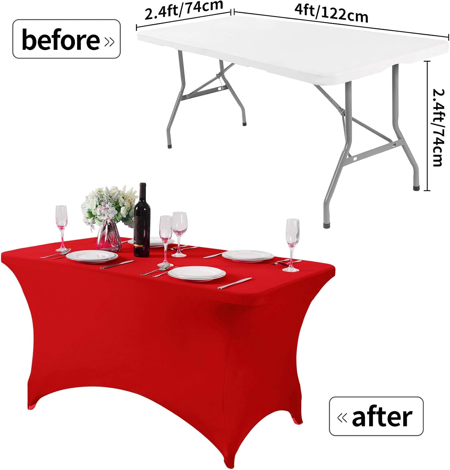 2Pack Spandex Table Cover for 4FT or 6ft or 8ft Table Universal Fitted Stretch Tablecloth for Party, Banquet, Wedding and Events-Red
