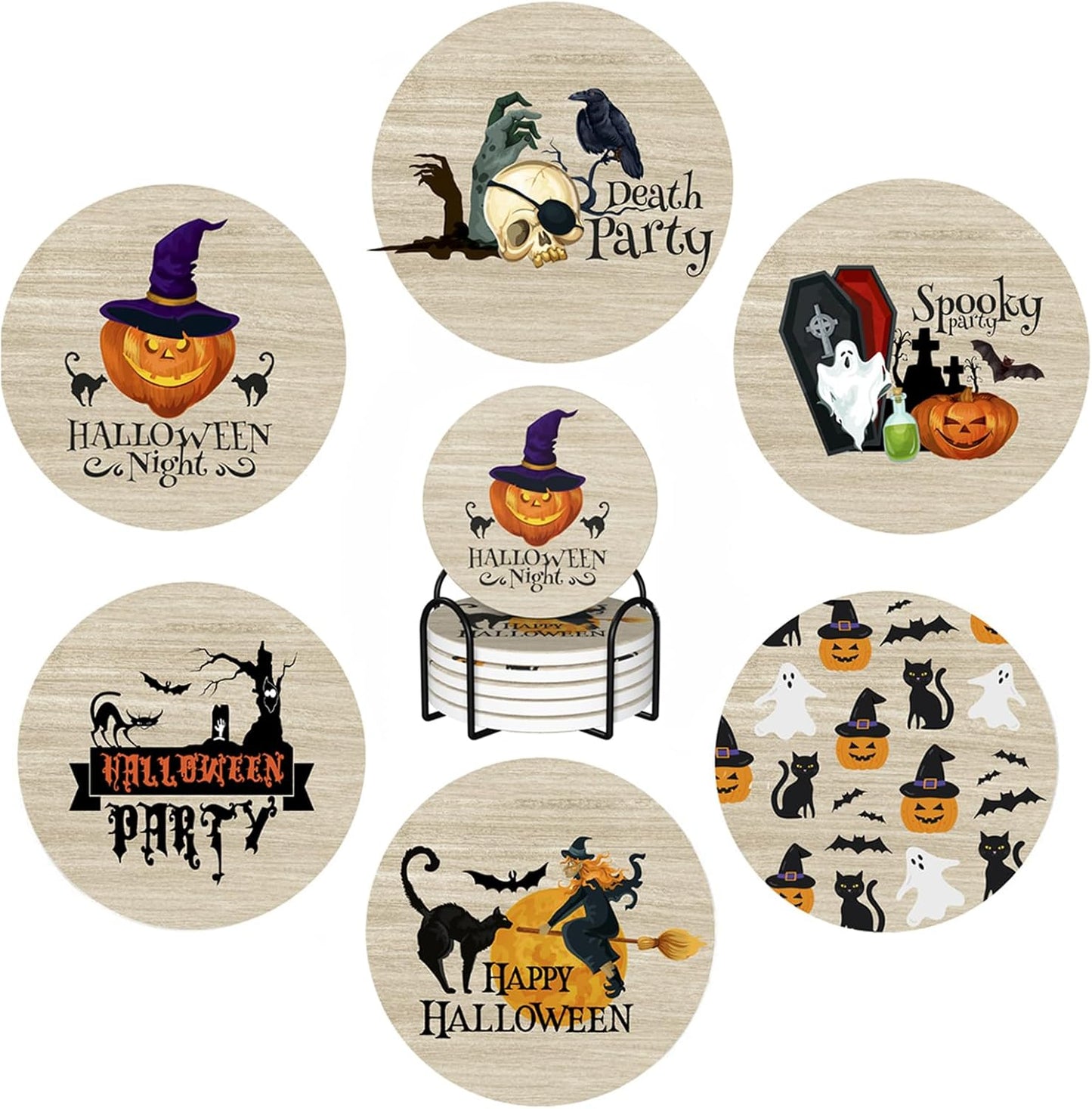Halloween Coaster for Drinks Set of 6 with Metal Holder and Cork Base Ceramic Drink Coasters Absorbent Cup Mat Non-Slip for Home Kitchen Office Table Decor, 4 Inch