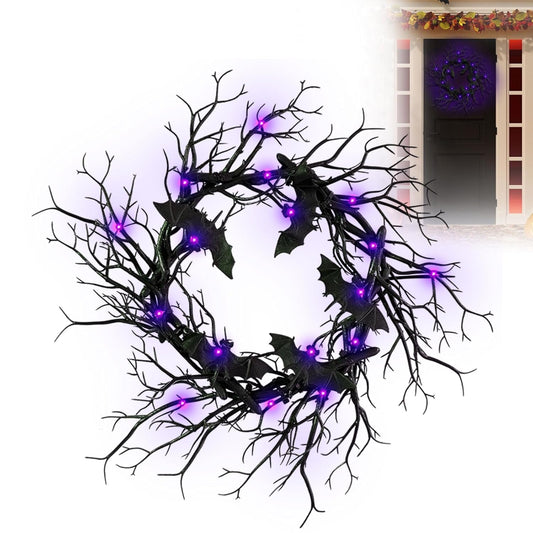 Halloween Black Branch Wreath - 18 Inch Black Twig Halloween Bat Wreaths for Indoor Outdoor Party Window Wall Decor Farmhouse Garland Yard