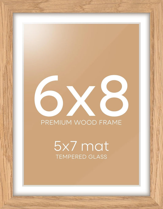 Homeforia 6x8 Picture Frame Natural Wood, High End Oak 6x8 Light Wooden Frames with Mat 5x7 for Photo, 6 x 8 Frame Matted to 5 x 7 Print, 8x6 Wall or Tabletop Frame, Tempered Glass, Wall Kit, Set of 1