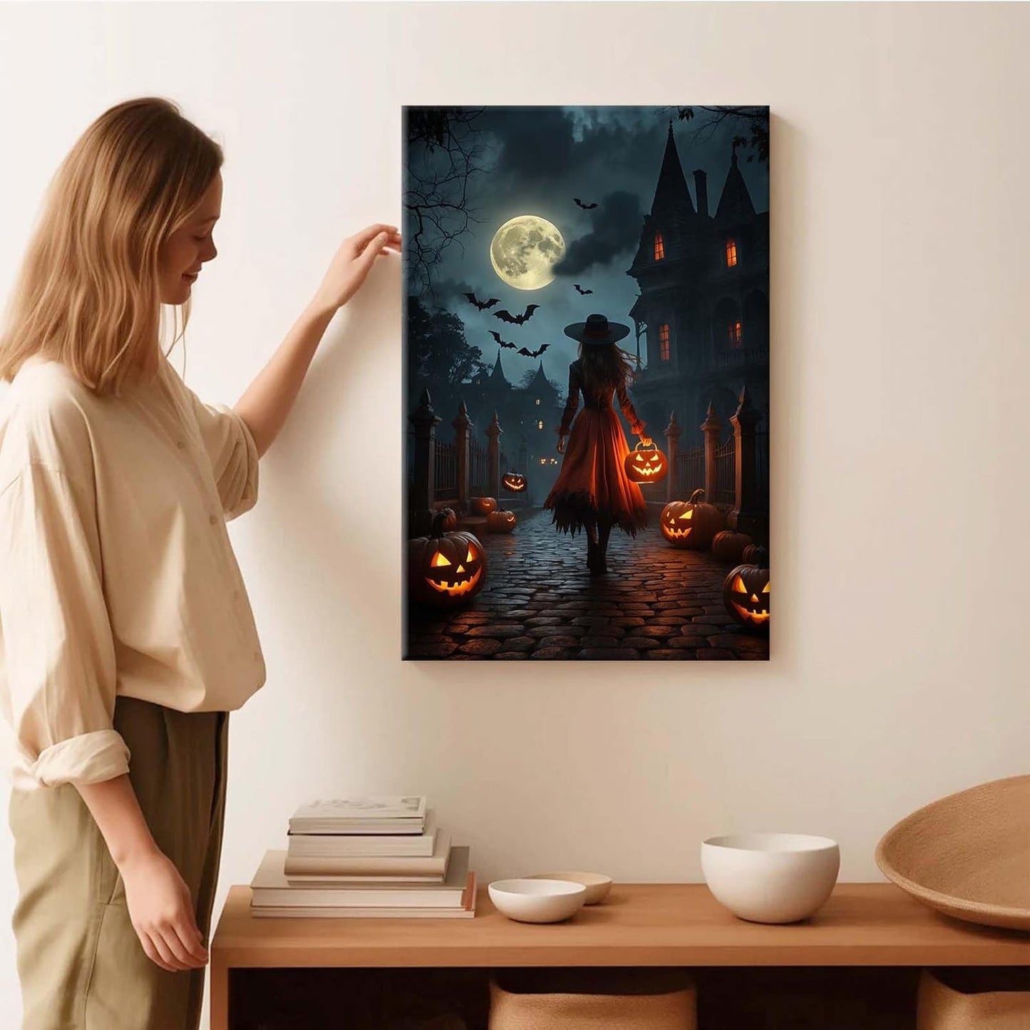 Halloween theme poster moonlit autumn night witch vintage poster art print dark college style gothic painting canvas wall decoration bedroom living room ideal gift24x36in Wood Framed