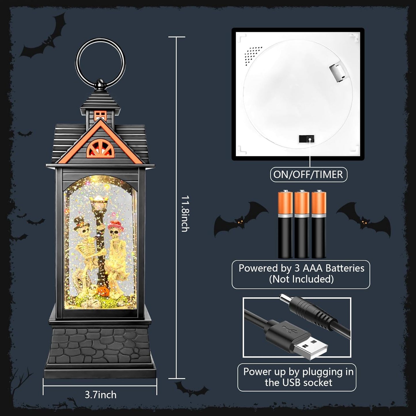 Halloween Snow Globe Lantern, Spooky Ghost Halloween Decor, Plug-in & Battery Operated Snow Globes for Halloween Decorations Indoor