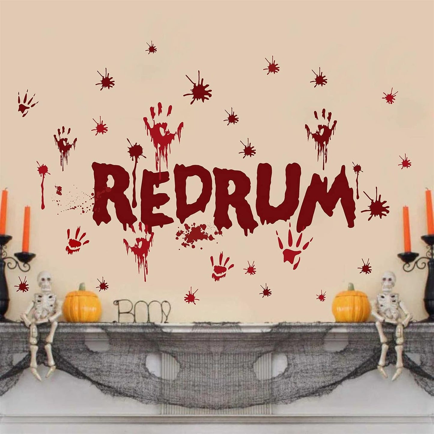 Halloween Redrum Murder Wall Decal Horror Ghost Hand Wall Decals Halloween Blood Splatter Decals Removable Peel and Stick Walls Stickers for Haunted House Party Window Decor