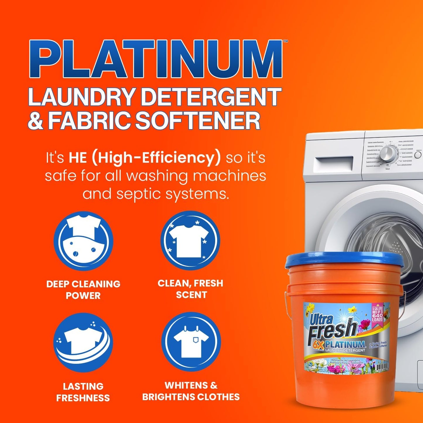 Ultra Fresh 5 Gallon Liquid Laundry Detergent Washing Soap with Spring Fresh Fabric Softener for All Machine Types, 6X Platinum, Up to 640 Loads