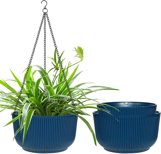 Hanging Planters 9/10/11 Inch for Indoor Plants, 3 Pack Plant Hanger Outdoor with Drainage Holes, Self Watering Hanging Basket Flower Pot for Garden Home Decor, Dark Blue