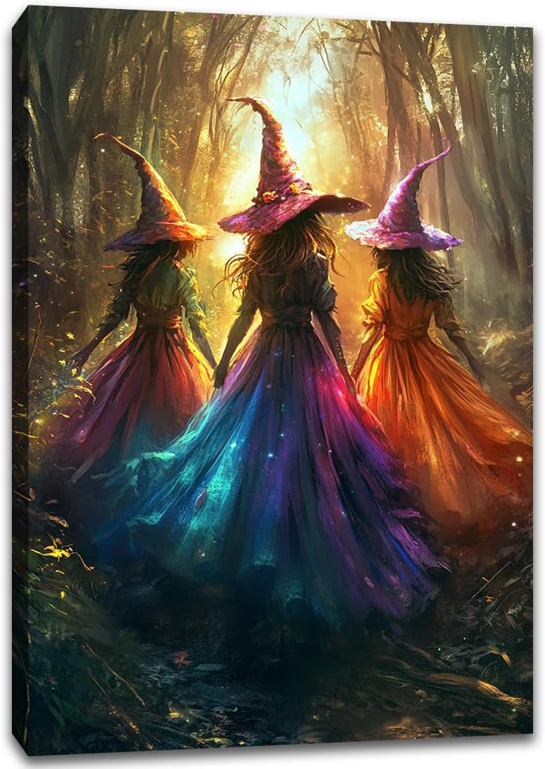 Halloween Room Decor Wall Art Colorful Witch Prints,Vintage Three Colorful Witches in Forest Halloween Posters,Fall Fantasy Aesthetic Pictures Playful Art Wall Decor for Bedroom,8"x12" Framed