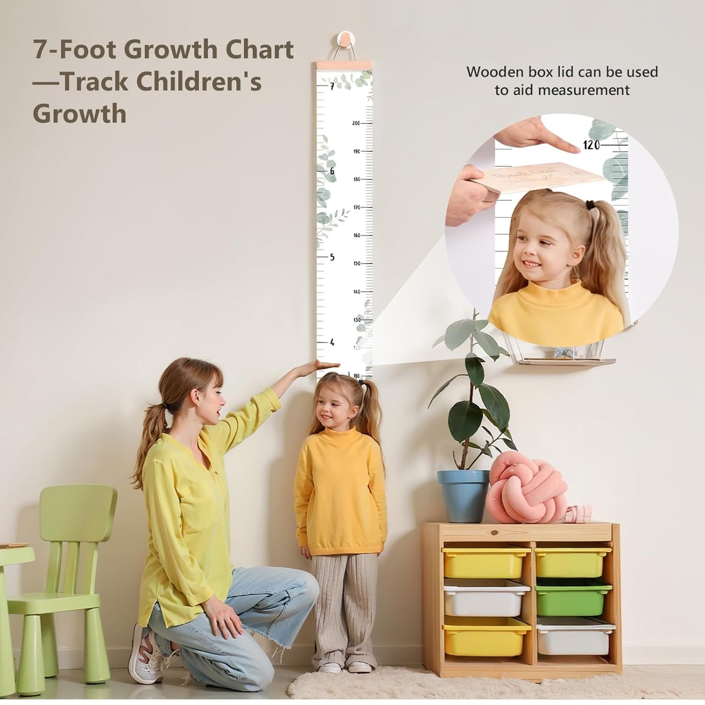 Growth Chart for Wall 7 Ft Height Chart with Keepsake Box & Hook Waterproof Canvas Measure Wall Ruler Removable Neutral Nursery Wall Decor for Baby Kids Toddlers