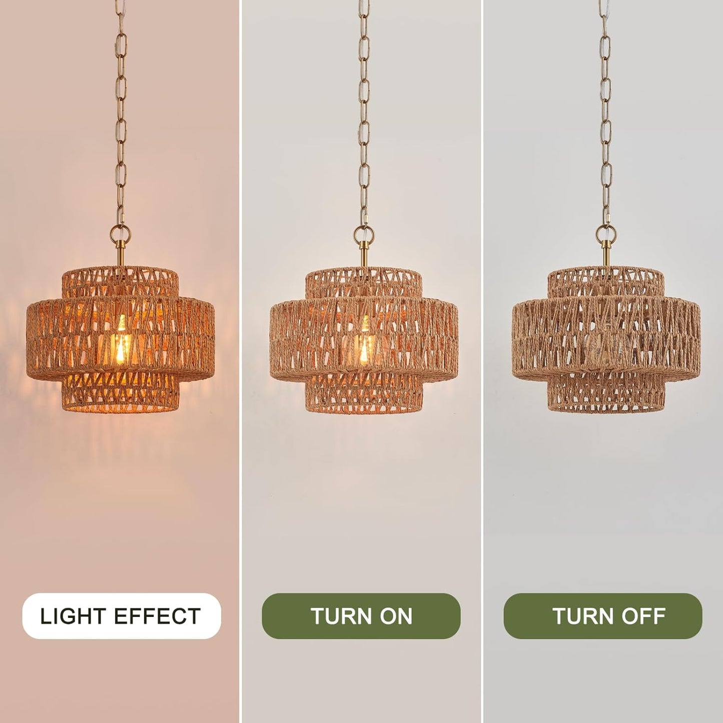12.6" Hand-Woven Rattan Pendant Light Fixture Vintage Farmhouse Boho Bamboo Pendant Lighting Mini Drum Wicker Rattan Golden Chandelier for Kitchen Island, Bedroom, Dining Room, Entryway, Foyer