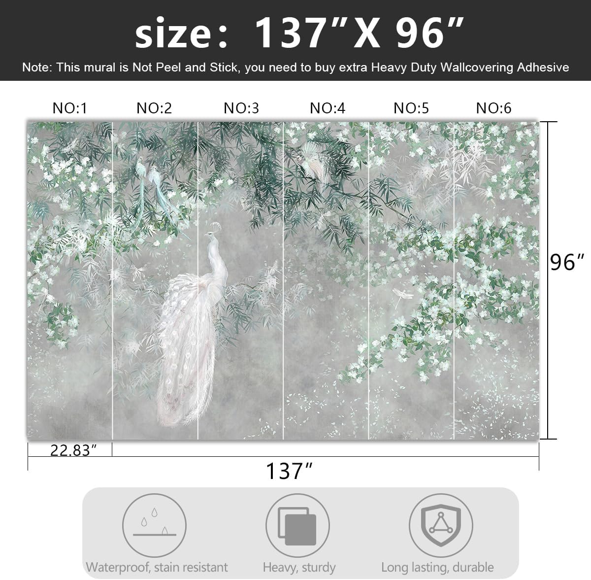 -Green Leaf Botanical Peacock Fabric Wallpaper Wallpaper Living Room Bedroom Bathroom Grey Plant Large Wall Mural- 137"x96"（ not Peel and Stick）