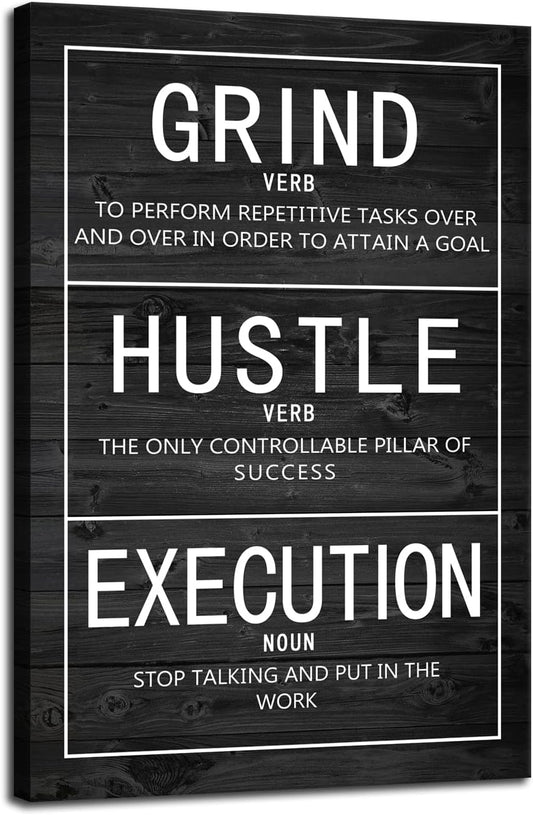 Grind Verb Hustle Verb Execution Noun Motivational Canvas Painting Wall Art Inspirational Poster Prints Artwork Pictures for Home Decor Office Framed Ready to Hang [12''W x 18''H]