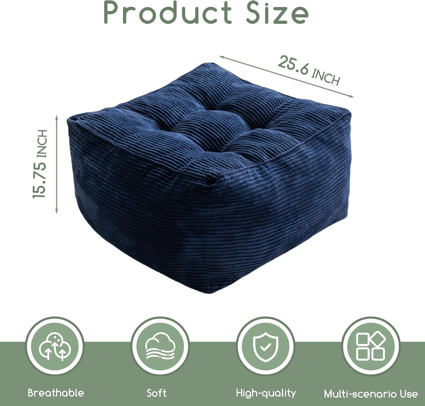 HIGOGOGO Square Stuffed Pouf Ottoman, Corduroy Poufs with Foam Chunk Filling, Furry and Fluffy Pouf Foot Stool Storage Ottoman, 25.6 X 25.6 Floor Poufs Foot Rest for Living Room, Navy