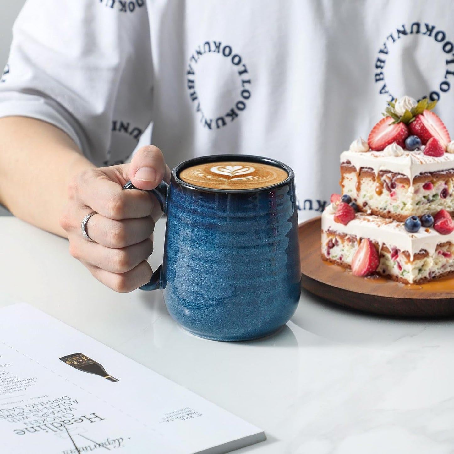 Hasense Coffee Mugs, 15 Ounce Porcelain Mugs Set of 2 with Handle for Morning Coffee Tea and Cocoa, Ceramic Coffee Cups Gift Box with Beautiful Glaze Coasters Spoons for Men and Women, Navy