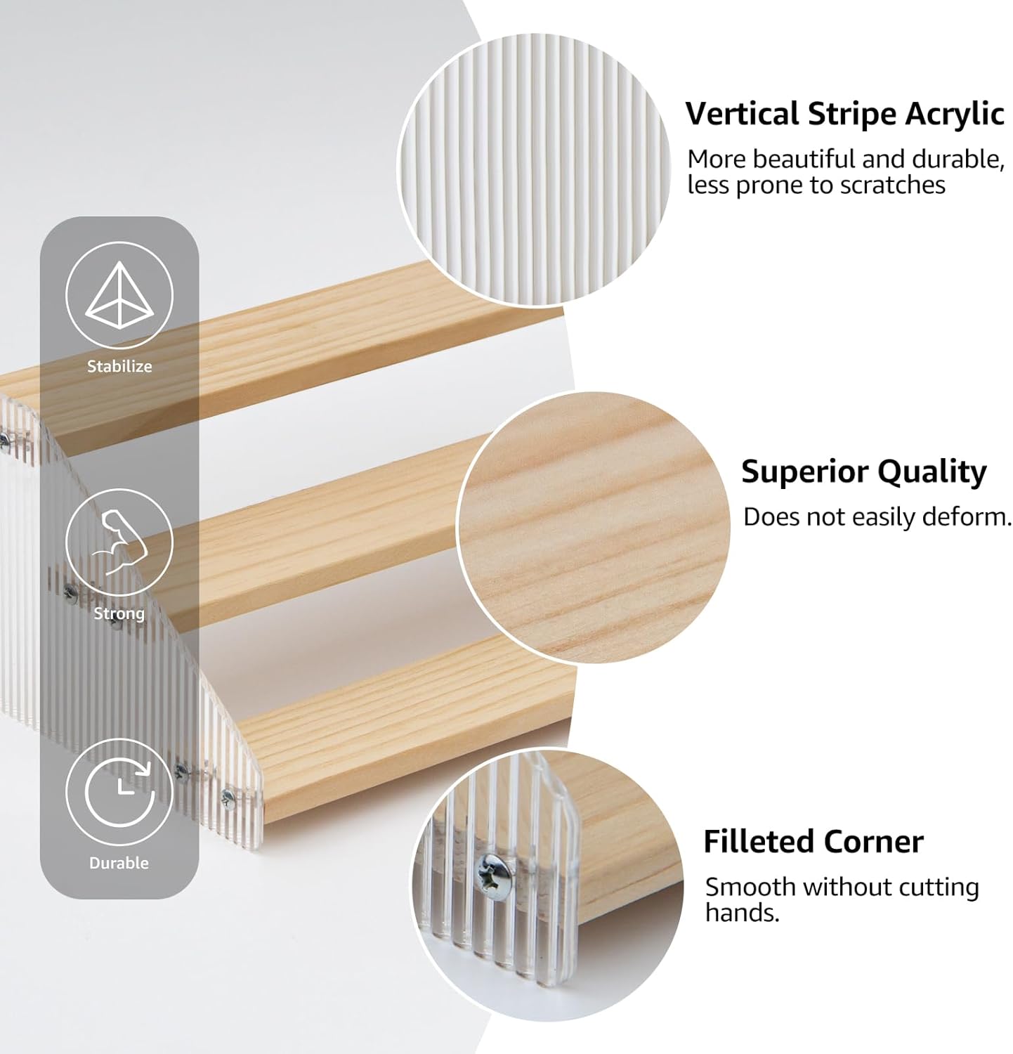 nianfeng Tiered Spice Rack, 3-Tier Spice Pantry Kitchen Cabinet Organizer, 12-Inch, Natural Wood Acrylic Stair Riser Stand, Countertop Seasoning Shelf